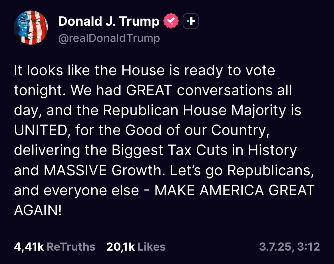 TrumpTweetsDE's tweet photo. "Sieht so aus, als ob das Repräsentantenhaus bereit ist, heute Abend abzustimmen. Wir hatten den ganzen Tag über GROSSARTIGE Gespräche, und die republikanische Mehrheit im Repräsentantenhaus ist VEREINT, zum Wohle unseres Landes, um die größten Steuersenkungen der Geschichte und MASSIVES Wachstum zu liefern. Los geht's, Republikaner und alle anderen, MACHT AMERIKA WIEDER GROSSARTIG!"