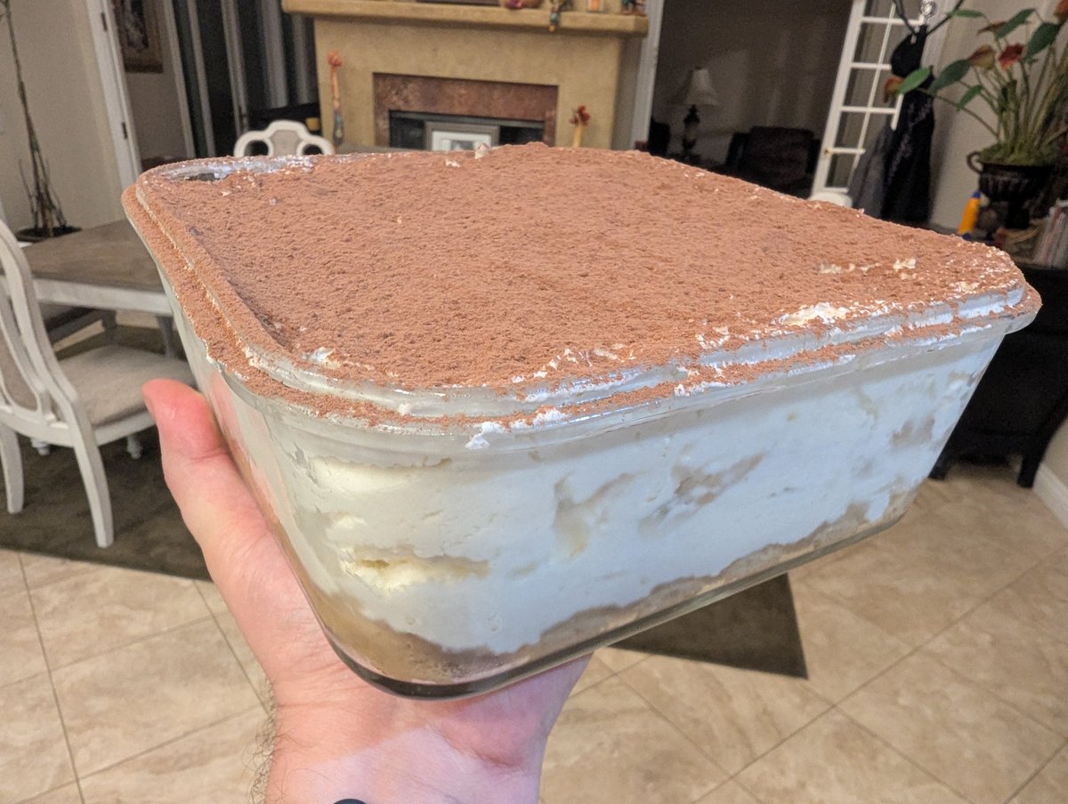 Beatusmongous's tweet image. My first attempt at a tiramisu, but using Pero instead of coffee, and no alcohol.  We will find out how it tastes tomorrow.

@BrandonDonkey2 
#MFerMeals