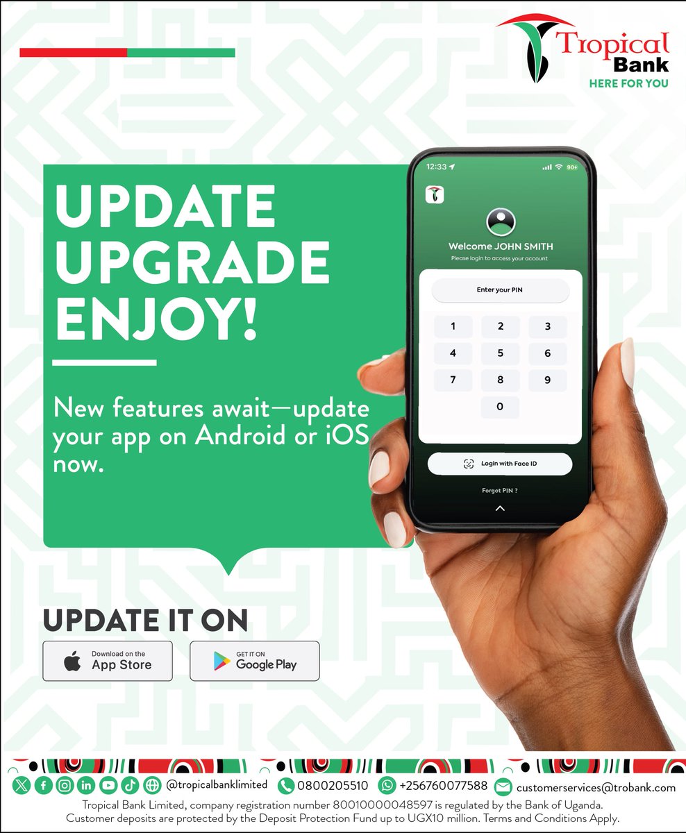 TropicalBankUG's tweet image. UPDATE, UPGRADE AND ENJOY!
New features await— update your app on Android or iOS now.
#HereForYou #TropicalBankMobile