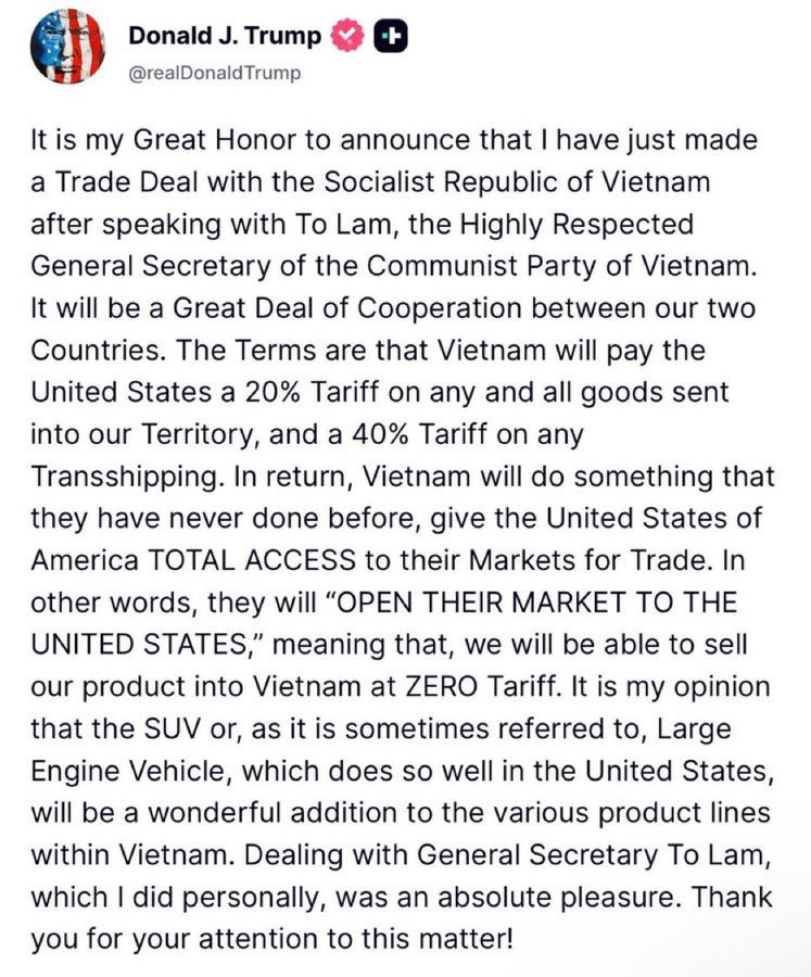 越南对美国零关税
美国对越南20%关税

关税不再是保护发展中国家的手段
而且优势国家欺负后进国家的武器

这就是美国的堕落和衰败最好标志
这个不全怪特朗普
时事造就了特朗普
美国红脖子以为他们需要特朗普

就像1948年的中国农民以为，
他们需要打土豪分田地一样