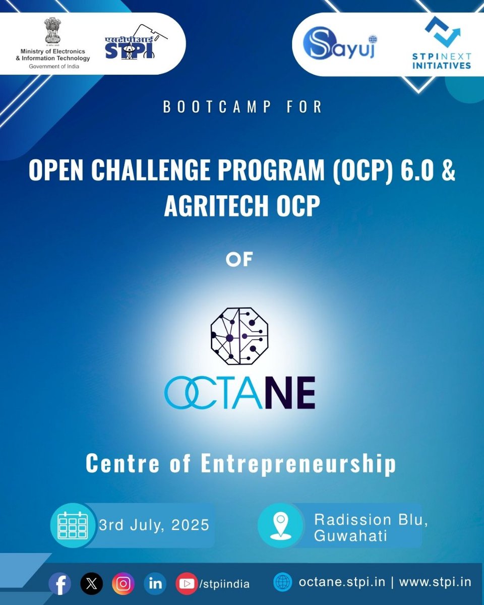 STPI OctaNE Bootcamp 2025 – All Set! Kicking off on 3rd July 11:00 AM at Radisson Blu, Guwahati, the 2-day bootcamp by STPI OctaNE CoEs features:
- Inspiring keynotes
- Mentoring by industry leaders
- Panel discussions
- IIMCIP-led orientation
- Field visits to Agri industries