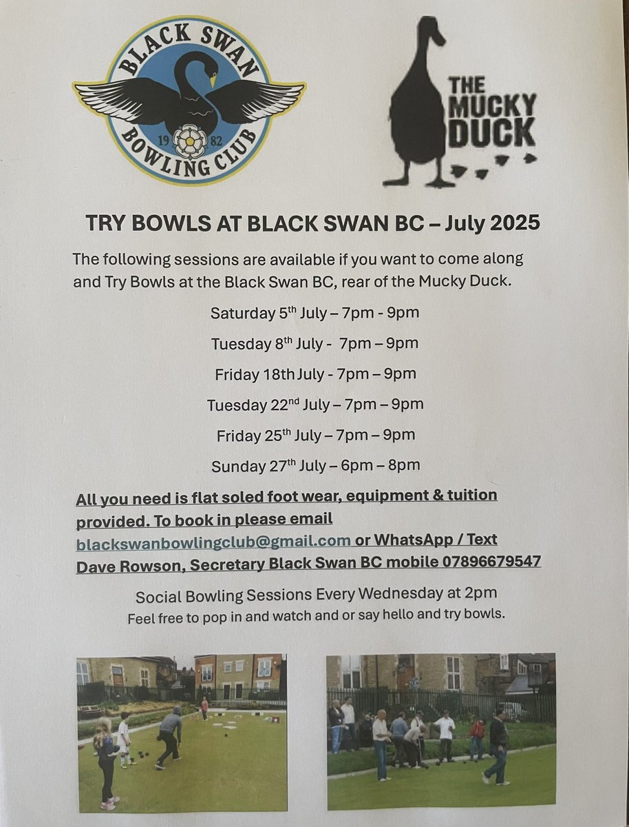 Looking for a new sport, hobby or interest ? 

Try bowls for free at Black Swan BC, Harrogate.

Sessions this week;

19.00 Saturday 5th July
19.00 Tuesday 8th  July

To book in please Email blackswanbowlingclub@gmail.com or WhatsApp / text 07896679547 Dave Rowson , Secretary.