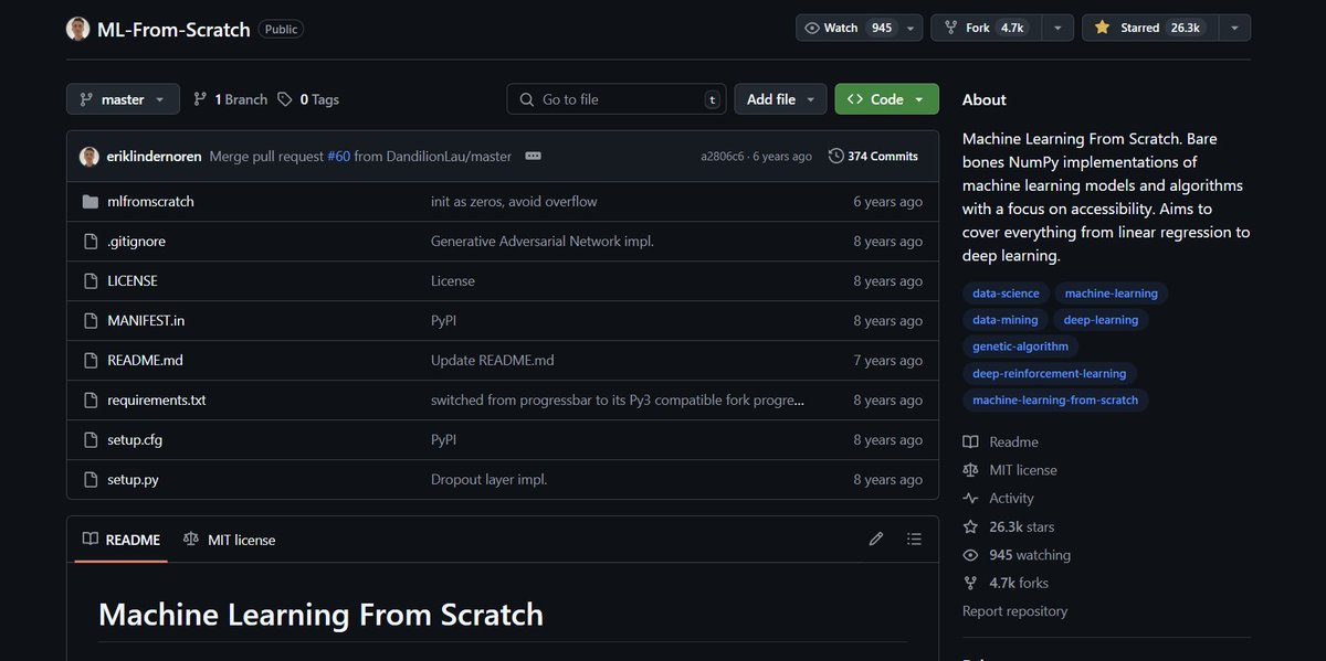 Just discovered an incredible open-source gem on GitHub:
 "ML-From-Scratch" — Pure NumPy implementations of machine learning models from linear regression to deep learning. 🔥
Perfect if you want to truly understand how ML works under the hood.

🔗 github.com/eriklindernore…