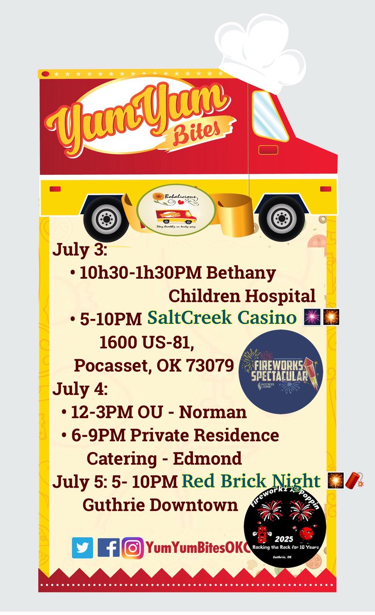 Yum Yum Bites (@yumyumbitesokc) on Twitter photo Hereโs our food truck schedule for the week of July 4th! ๐บ๐ธ
Wishing you all a fun-filled weekโenjoy the fireworks, relax, and donโt forget to treat yourself to some delicious food truck eats! ๐ง๐ก๐ข Hereโs our food truck schedule for the week of July 4th! ๐บ๐ธ
Wishing you all a fun-filled weekโenjoy the fireworks, relax, and donโt forget to treat yourself to some delicious food truck eats! ๐ง๐ก๐ข