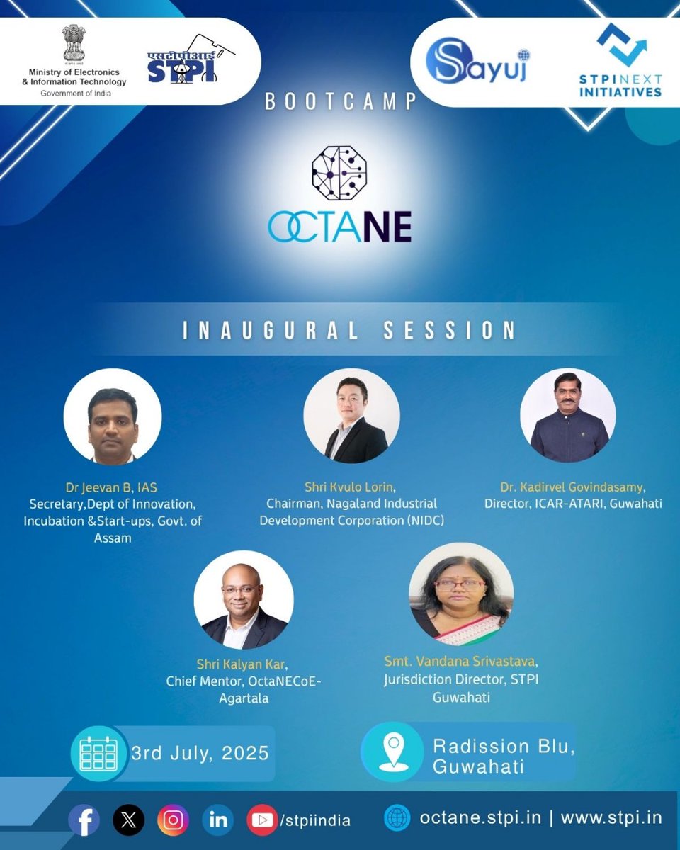 Inaugural Session of #STPIINDIA Guwahati OctaNE Bootcamp 2025!

Dignitaries from Govt. of Assam, ICAR-ATARI, NIDC startup leaders coming together to kick off the 2-day Bootcamp at STPI Guwahati. A celebration of innovation, entrepreneurship &amp; #Northeast’s rising potential!