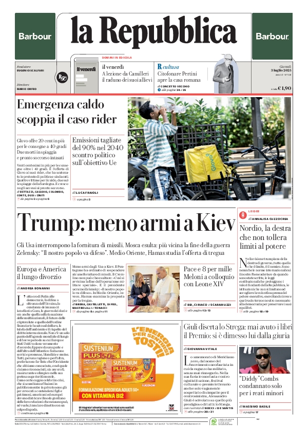 repubblica's tweet photo. La prima pagina di oggi #3july https://t.co/LZaZp2Gm1r 📰 https://t.co/ZyWK4rFVZF