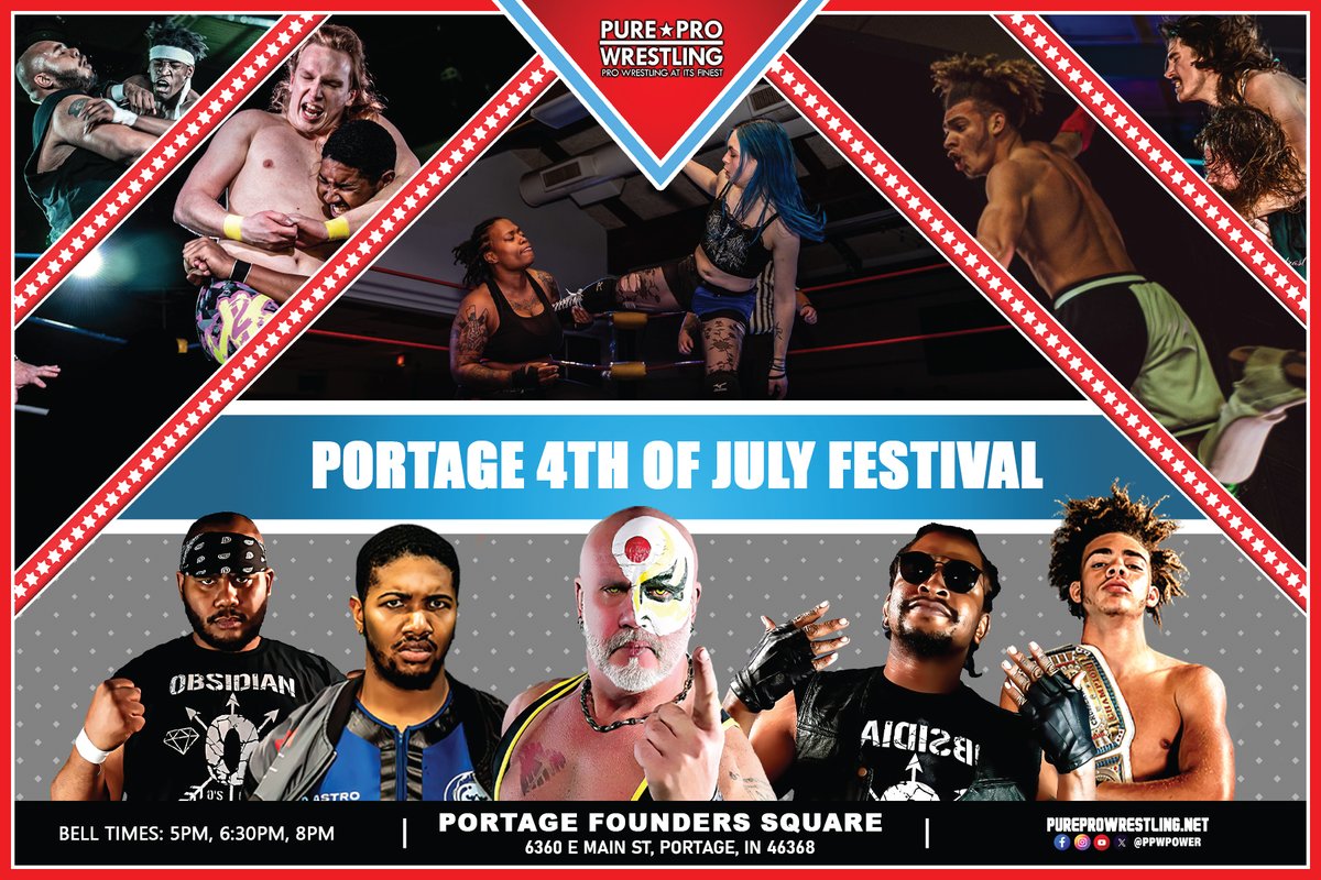 PPWPower's tweet image. #Portage, get ready to celebrate the 4th of July with wrestling action! 🎆 Catch FREE live events TONIGHT at 5 p.m., 6:30 p.m., and 8 p.m. Come out for family fun and fireworks in the ring! 🤼‍♂️

🎟️ facebook.com/share/15o6mqtr…

#prowrestling #indiana
