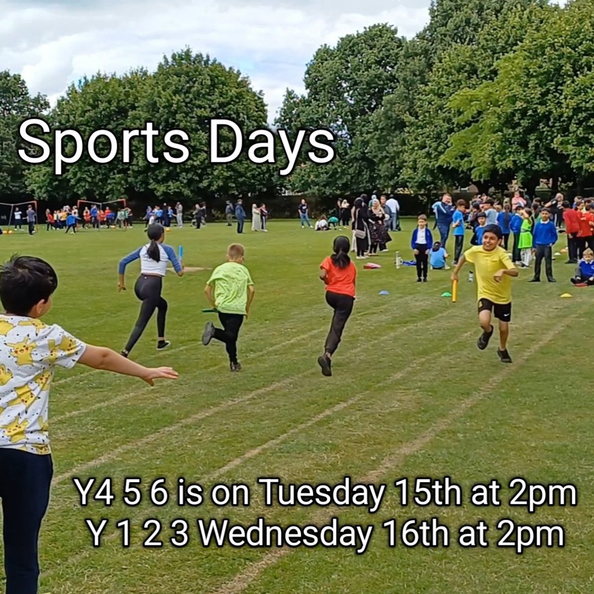 Hopefully the weather will be kind for our Sports Days.
Y4 5 6 is on Tuesday 15th at 2pm
Y 1 2 3 Wednesday 16th at 2pm