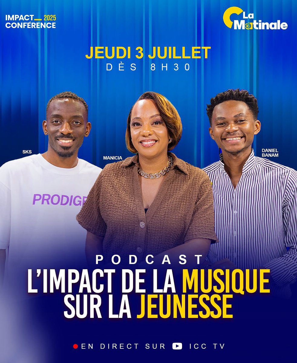 🎙 Rendez-vous à 8h30 pour « La Matinale »
Au programme : un podcast inspirant sur le thème
« l’impact de la musique sur la jeunesse » 💫

📺 En direct sur notre chaîne YouTube ICC TV, ne manquez pas ça !