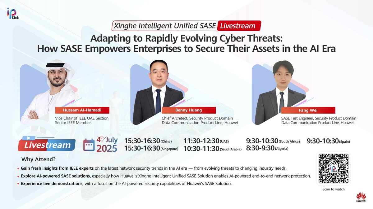 Join us for a comprehensive discussion on SASE and how it empowers enterprises to secure their networks in the era of AI. Our free to join #IPClub Webinar, on July 4, 11:30–12:30 (UTC+4), will feature insights from IEEE experts and a look at Huawei's AI-powered SASE solutions,