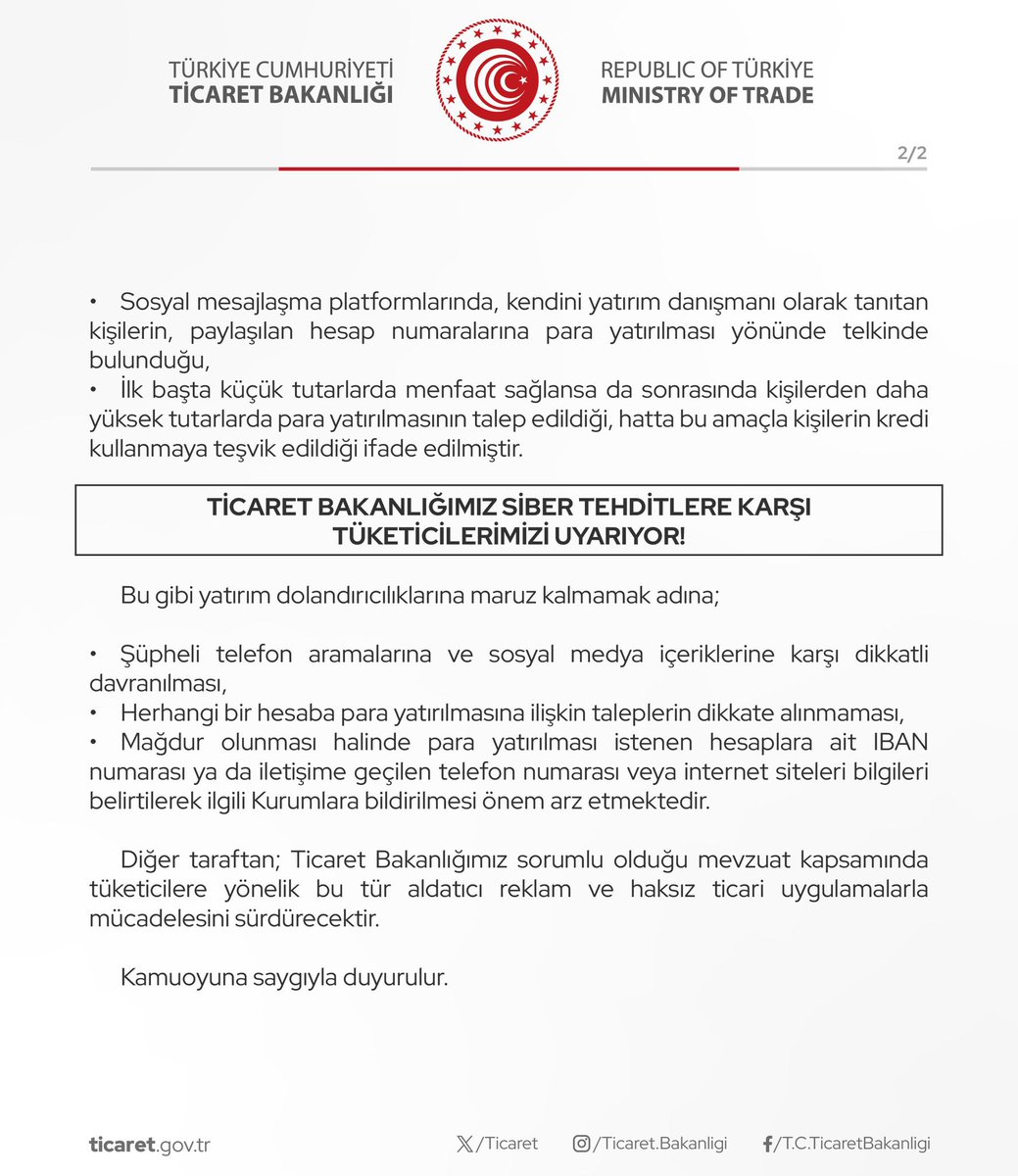 Ticaret Bakanlığımız Yapay Zekâ Dolandırıcılığına Karşı Tüketicilerimizi Uyarıyor!

(03.07.2025)
