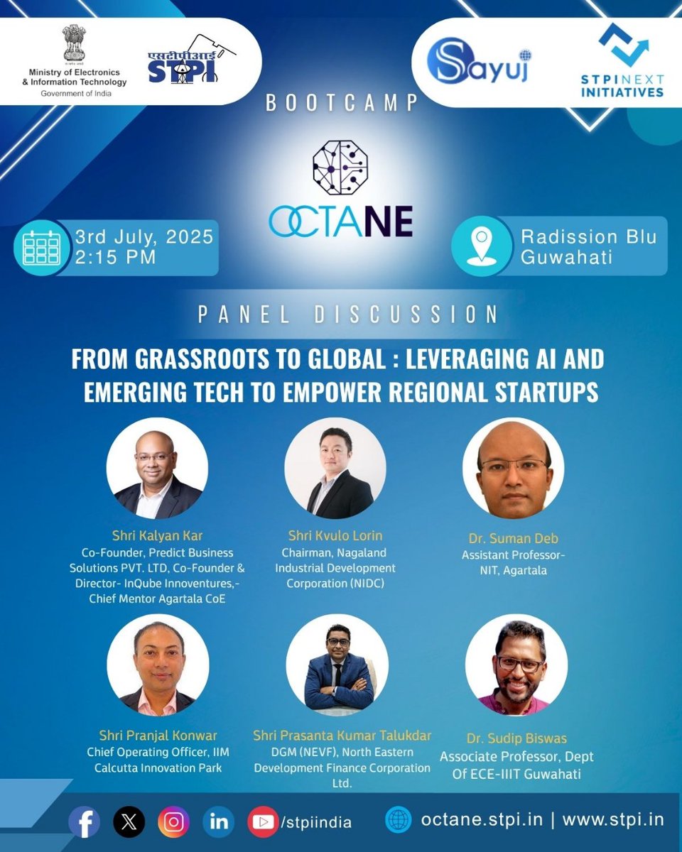 Panel Power at #STPIINDIA Guwahati OctaNE Bootcamp! Join us for a thought-provoking panel discussion on “From Grassroots to Global: Leveraging #AI &amp; #EmergingTech to Empower Regional Startups” 3rd July Radisson Blu, Guwahati 2:15 PM.
<a href="/GoI_MeitY/">Ministry of Electronics & IT</a> <a href="/arvindtw/">Arvind Kumar</a>