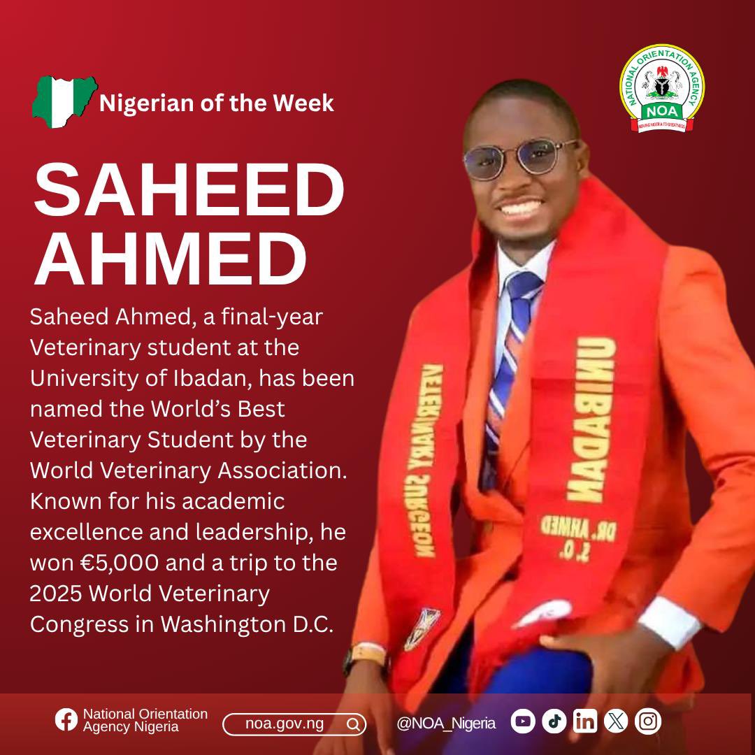 Nigerian of the Week: Saheed Ahmed

Meet Saheed Ahmed, the University of Ibadan's Veterinary Student, who has just been crowned the World's Best Veterinary Student by the World Veterinary Association (WVA). This exceptional final-year student has proven that Nigerian talent knows