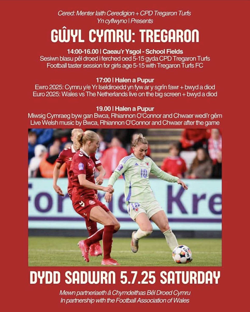 Diwrnod dathlu Ewro 2025 a cyfle chwarae Pêl-Droed gyda tîm menywod y Turfs. 

A fun Celebration Day celebrating Euro 2025 and a chance to play football with the Turfs Ladies.
