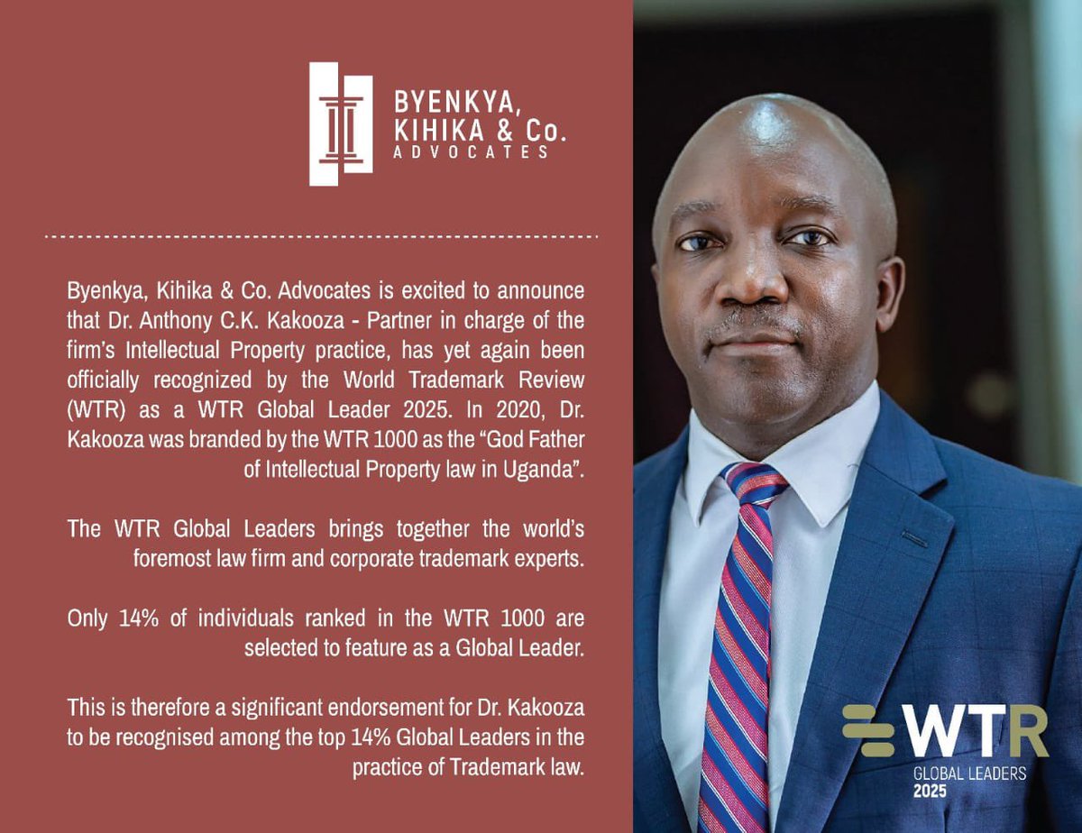 Nkumba University School of Law proudly congratulates Dr. Kakooza Anthony on being named a WTR Global Leader 2025 by the World Trademark Review.
With only 14% of WTR 1000-ranked professionals receiving this honour, this is a major endorsement.