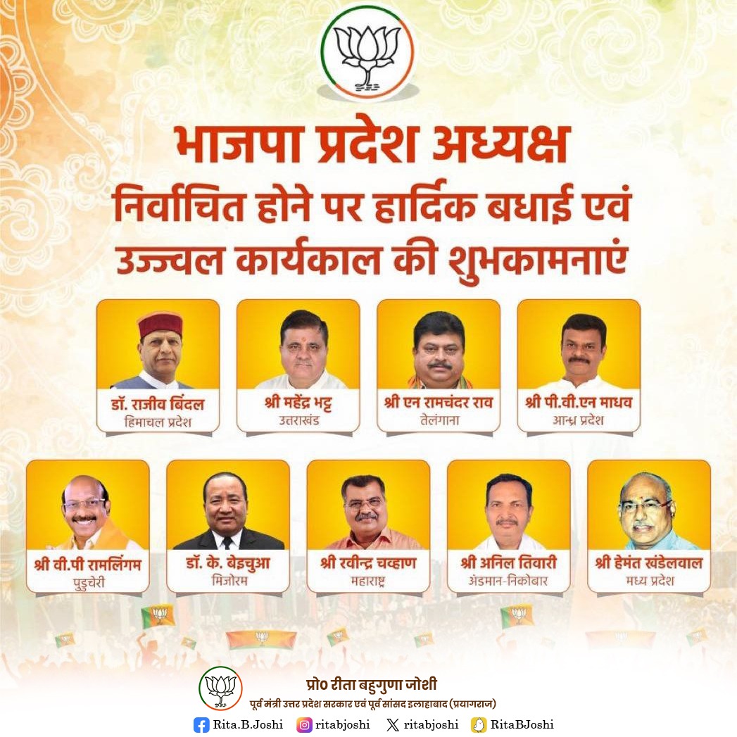 सभी नवनियुक्त, माननीय प्रदेश अध्यक्षों को हार्दिक बधाई एवं एक कुशल, उज्जवल कार्यकाल की शुभकामनाएं।

#SangathanParv