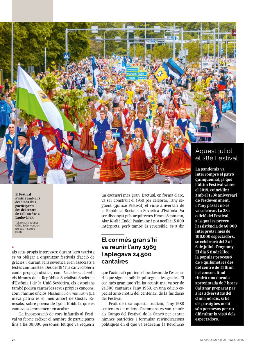 RevistaMusCat's tweet image. Des d'avui i fins diumenge, té lloc a Tallinn (Estònia) 🇪🇪un dels esdeveniments corals més multitudinaris del món. 🎶Cada cinc anys, desenes de milers de cantaires es reuneixen als Lauluväljak. Us en parlem a la secció Escenaris del Món de l'últim número, que us compartim aquí 👇