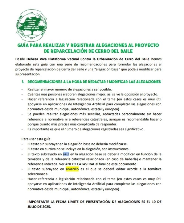 🚨 Abierto el plazo para alegar al proyecto de reparcelación de Cerro del Baile.
Aunque el proceso que han abierto es bastante "raro", hemos elaborado una guia para la presentación de alegaciones.
👉🏼Si quieres la guía solicitanosla.
#SalvemosLaDehesa
#NoAlPelotazo