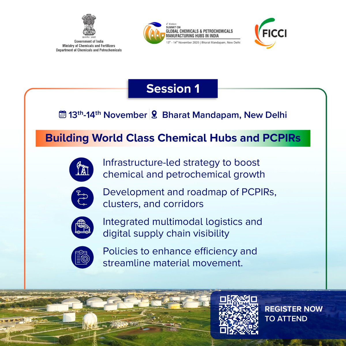 GCPMHIndia's tweet image. At #GCPMH2025, explore India’s infrastructure vision for the chemical &amp;amp; petrochemical sectors — from PCPIRs &amp;amp; corridors to logistics &amp;amp; digital supply chains. A hub for policymakers, developers &amp;amp; more to shape a future-ready ecosystem.
Register Now: bit.ly/4lAYuS4
#GCPMH