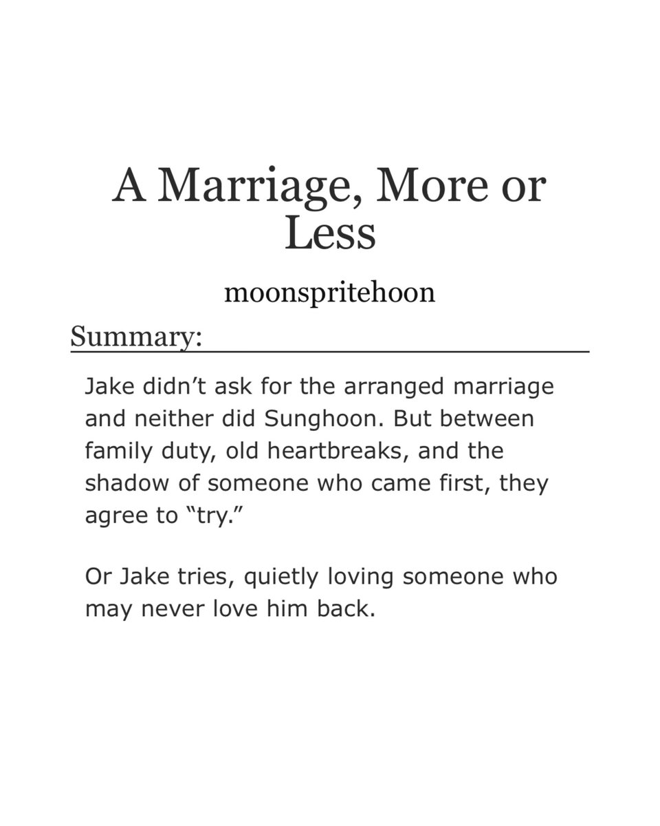 moonspritehoon's tweet photo. 📔 A Marriage, More or Less 

- JakeHoon 💍
- 17.4K
-  Arranged Marriage, Slow Burn, Mutual Pining, Jealousy 

🔗https://t.co/QN3nZRSjBp https://t.co/B1aG7Z2RLv