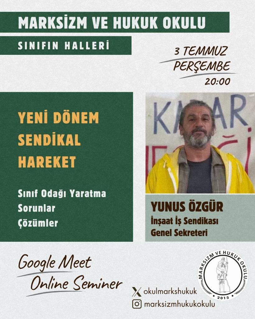 Marksizm ve Hukuk Okulu (@okulmarkshukuk) on Twitter photo Bu akşam saat 20.00da Yeni Dönem Sendikal Hareket konulu Sınıfın Halleri seminerimizi İnşaat İş Sendikasından (<a href="/insaatsendika/">İnşaat-İş Sendikası</a>) Yunus Özgür ile gerçekleştiriyoruz. Katılmak için aşağıda yer alan linke tıklayabilirsiniz
meet.google.com/dxz-bjtu-smv Bu akşam saat 20.00da Yeni Dönem Sendikal Hareket konulu Sınıfın Halleri seminerimizi İnşaat İş Sendikasından (<a href="/insaatsendika/">İnşaat-İş Sendikası</a>) Yunus Özgür ile gerçekleştiriyoruz. Katılmak için aşağıda yer alan linke tıklayabilirsiniz
meet.google.com/dxz-bjtu-smv
