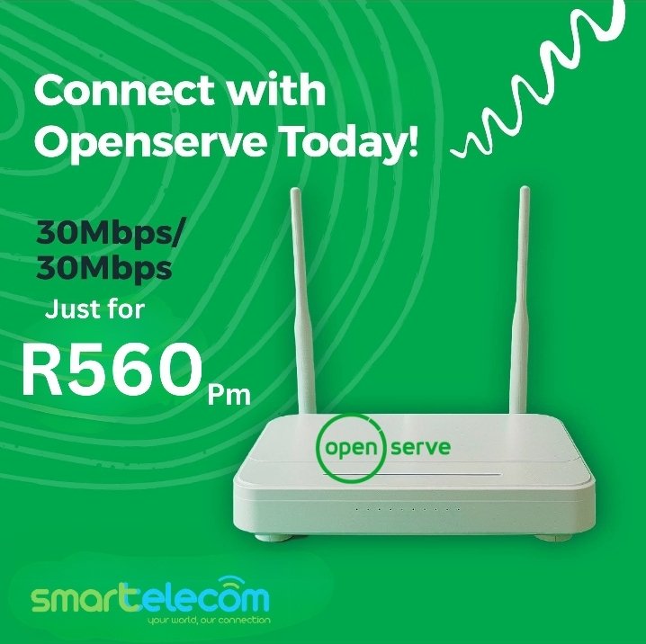 SmartTelecomsZA's tweet photo. 🚀 Get Connected with Openserve Today!

Enjoy fast &amp; reliable internet with 30Mbps upload &amp; 30Mbps download speeds – perfect for streaming, gaming, remote work, and more!

📶 Only R560 per month
💻 Hassle-free setup
🌐 Powered by Smart Telecom – Your world, our connection https://t.co/AvXTrrIxap