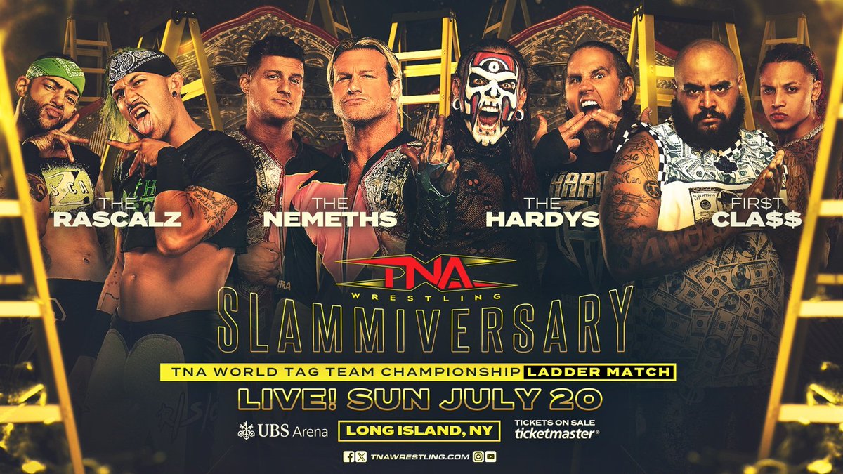TNA Wrestling (@thisistna) on Twitter photo The Hardys, The Rascalz and FIR$T CLA$$ will challenge The Nemeths for the TNA World Tag Team Titles in a LADDER MATCH LIVE on PPV and TNA+ on July 20 from the UBS Arena on Long Island, NY.
<a href="/MATTHARDYBRAND/">MATT HARDY</a> <a href="/JEFFHARDYBRAND/">#BrotherNero DELETED</a> <a href="/TheTreyMiguel/">Trey Miguel</a> <a href="/ZacharyWentz/">Zachary Wentz</a> <a href="/ryrynemnem/">Ryan Nemeth NEW BIO</a> <a href="/NicTNemeth/">Nic Nemeth</a> The Hardys, The Rascalz and FIR$T CLA$$ will challenge The Nemeths for the TNA World Tag Team Titles in a LADDER MATCH LIVE on PPV and TNA+ on July 20 from the UBS Arena on Long Island, NY.
<a href="/MATTHARDYBRAND/">MATT HARDY</a> <a href="/JEFFHARDYBRAND/">#BrotherNero DELETED</a> <a href="/TheTreyMiguel/">Trey Miguel</a> <a href="/ZacharyWentz/">Zachary Wentz</a> <a href="/ryrynemnem/">Ryan Nemeth NEW BIO</a> <a href="/NicTNemeth/">Nic Nemeth</a>