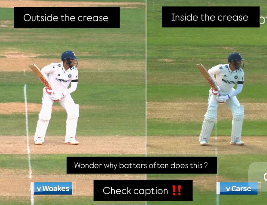 Gill vs Woakes: Stands outside the crease — to negate swing &amp; disrupt length.

Gill vs Carse: Deep inside the crease — to buy time &amp; read length against extra pace.

It’s all about pace, movement &amp; comfort zone. 🧠⚡
#ENGvsIND #shubhmangill