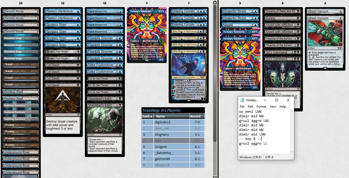 Back to back top 8's in the standard challenge with dimir. Left the maindeck the same but made some small changes to the sideboard. I did miss having the playset of preachers vs aggro though.