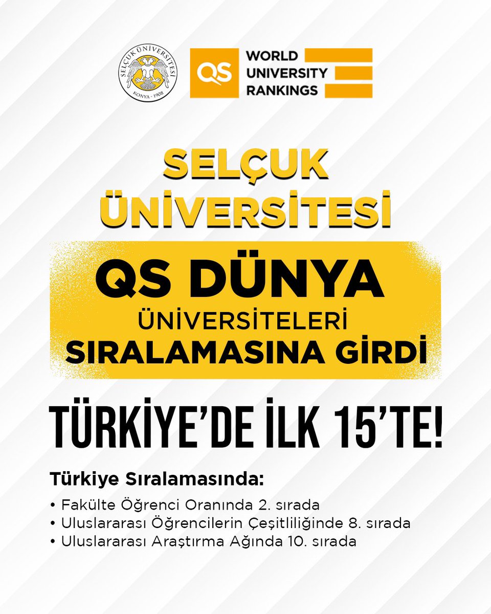 selcukuniresmi's tweet photo. Selçuk Üniversitesi, 2025 QS Dünya Üniversite Sıralaması'nda önemli bir başarıya imza attı! 💫

Üniversitemiz, dünya çapında değerlendirilen 5.663 üniversite arasında sıralamaya giren 1.503 kurum arasında yer aldı. Selçuk Üniversitesi, Türkiye'den sıralamaya giren 25 üniversite arasında “Fakülte/Öğrenci Oranı”nda Türkiye 2’ncisi, “Uluslararası Öğrenci Çeşitliliği”nde Türkiye 8’incisi, “Uluslararası Araştırma Ağı”nda ise Türkiye 10’uncusu olarak küresel akademik rekabetteki güçlü konumunu bir kez daha tescilledi. 🌍✨

#SelçukÜniversitesi 🏆