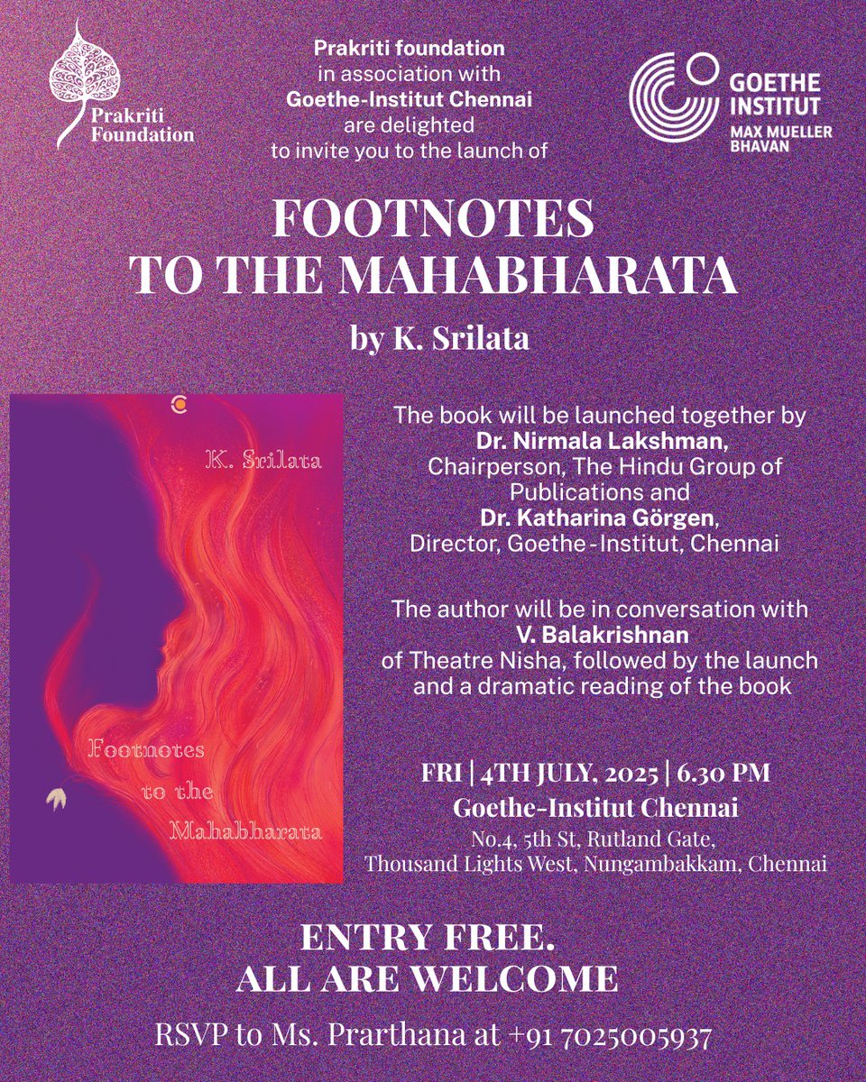 SrilataKrishnan's tweet image. Chennai friends, hope to see you at the launch of &quot;Footnotes to the Mahabharata&quot;. Friday, July 4th, 6.30 pm at the Goethe-institut/Max Mueller Bhavan!