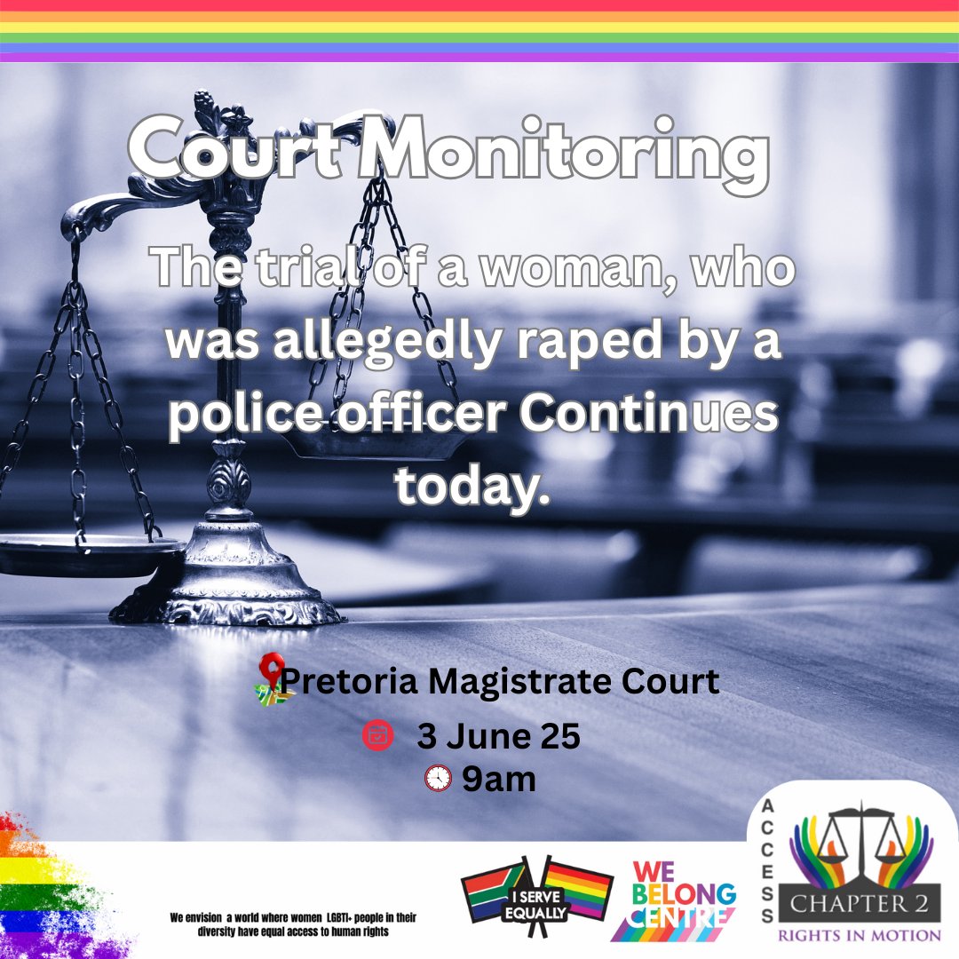 Access Chapter 2 is monitoring the case of a woman allegedly raped by a police officer.

Originally set for May, the matter is now sitting today at the Pretoria Magistrate Court.

We stand for justice and accountability.

#AccessChapter2 #CourtMonitoring #JusticeForSurvivors