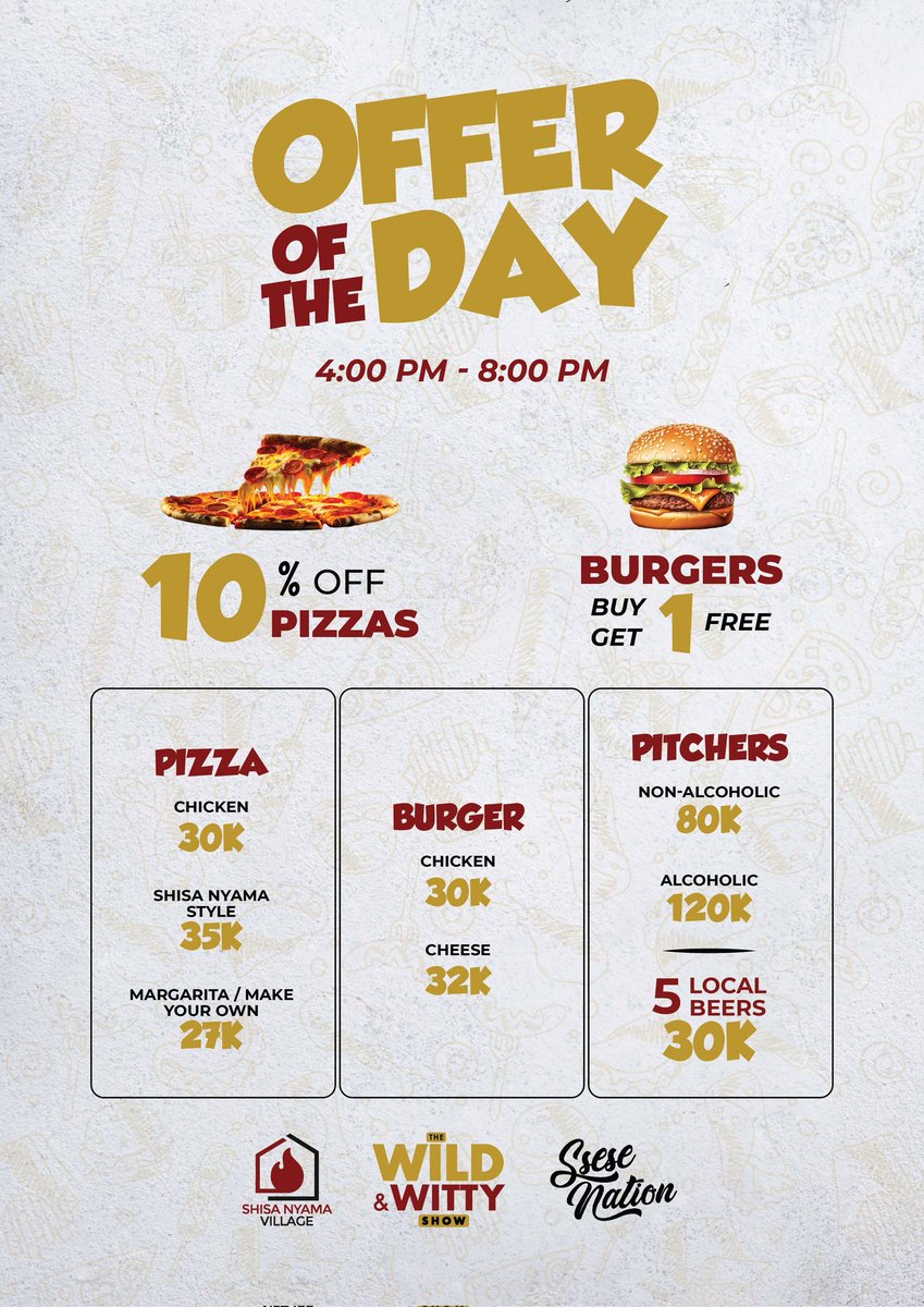 Get ready for a wild &amp; witty night! 🎉 The Ba-Summer Edition of The <a href="/WildnWittyShow/">The Wild And Witty Show</a> is happening TODAY at <a href="/shisavillage/">Shisa Nyama Village</a>, Bugolobi. 

Enjoy a good laugh, great music by #SseseNation Djs &amp; incredible deals: 10% off pizzas, Buy 1 Get 1 Free burgers (4-8 PM) &amp; 5 beers for 30K!