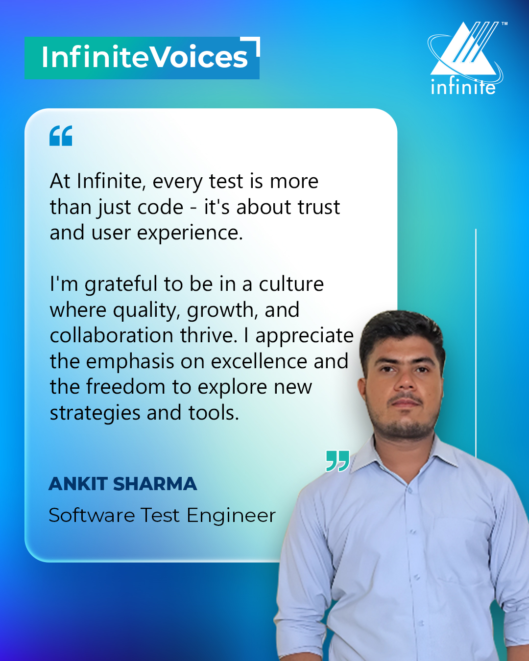 Infinite Computer Solutions on X: At Infinite, our employees go beyond  code, they build confidence. One of our Software Test Engineer Ankit Sharma,  shares how his journey has been shaped by a