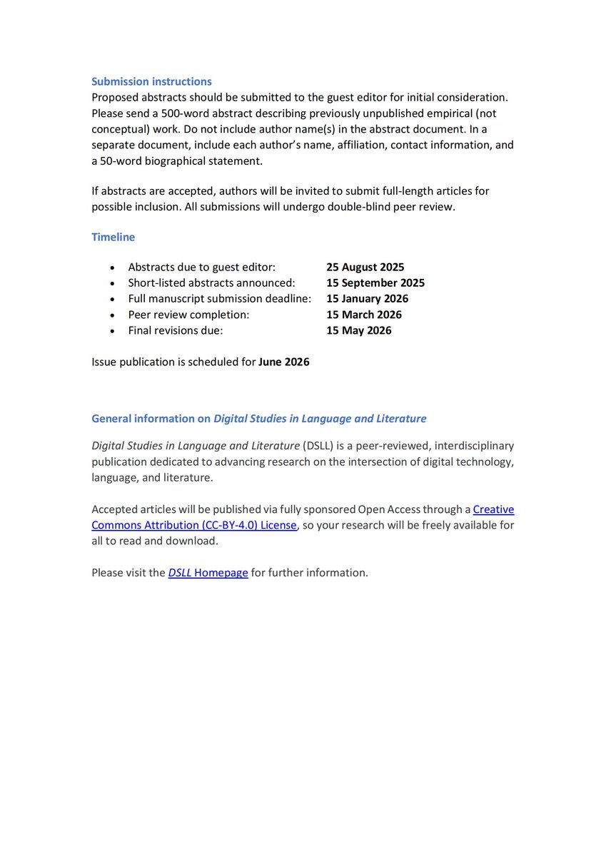 Call for Abstracts
DSLL Special Issue: "Beyond Automation: Writer Identity in the GenAI Era"
Guest editor: <a href="/DrJimMcKinley/">Jim McKinley</a>  (UCL)
Deadline: 25 Aug 2025
No APCs charged.
Inquiries: dsll@degruyterbrill.com
Details: degruyter.com/dsll
#GenAI #L2writing #Linguistics