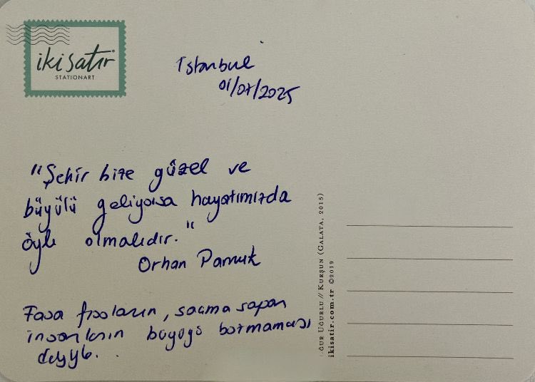 Bilgi kirliliği,zaaf ve egoların hakim olduğu bir ortamda ilkeli yaşama çabamızda postadan iki satır gelir ve O an’ı güzelleştirirŞair’den alıntı yaparak “fasa fisoların, saçma sapan insanların büyüyü  bozmaması dileği ile” Şehrin ve hayatın büyüsünü hatırlatan dosta teşekkürler.
