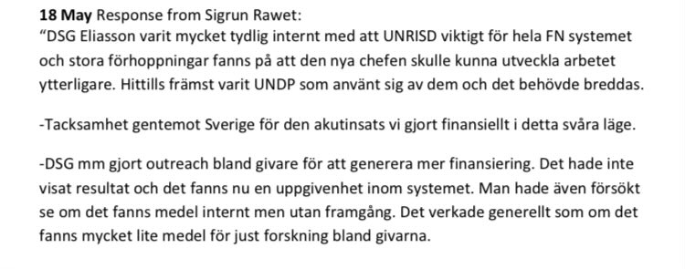 Dåvarande vice generalsekreterare för FN, <a href="/JanKEliasson/">Jan Eliasson</a>, engagerar sig i räddningsarbetet. Han menar att <a href="/UNRISD/">UNRISD</a> är mycket viktigt för FN…