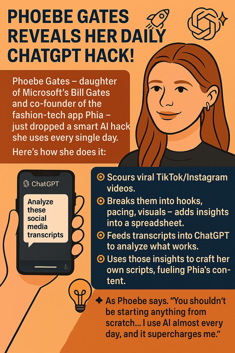 techgptai's tweet photo. Phoebe Gates’ daily ChatGPT hack is genius! 
She:
Scours viral TikToks
Breaks them into hooks/pacing/visuals. Feeds transcripts into ChatGPT to learn what works
Uses insights to create Phia’s content.
“You shouldn’t start from scratch… AI supercharges me.
#AIHacks #ChatGPT https://t.co/9TxZRs1l5f