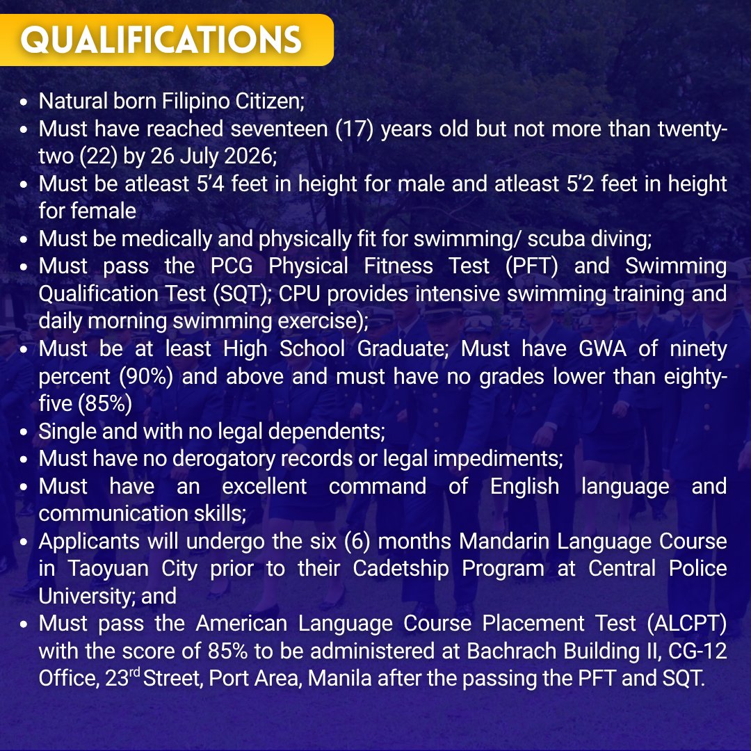 Philippine Coast Guard (@coastguardph) on Twitter photo ππππ π
ππ ππππππππππ: The PCG is looking for qualified and interested applicants to International Cadetship Program at Central Police University in Taoyuan City Class of 2026 β 2030.
βοΈfacebook.com/share/p/1B3goGβ¦
#DOTrPHπ΅π
#CoastGuardPH
#MaritimeSectorWorks ππππ π
ππ ππππππππππ: The PCG is looking for qualified and interested applicants to International Cadetship Program at Central Police University in Taoyuan City Class of 2026 β 2030.
βοΈfacebook.com/share/p/1B3goGβ¦
#DOTrPHπ΅π
#CoastGuardPH
#MaritimeSectorWorks