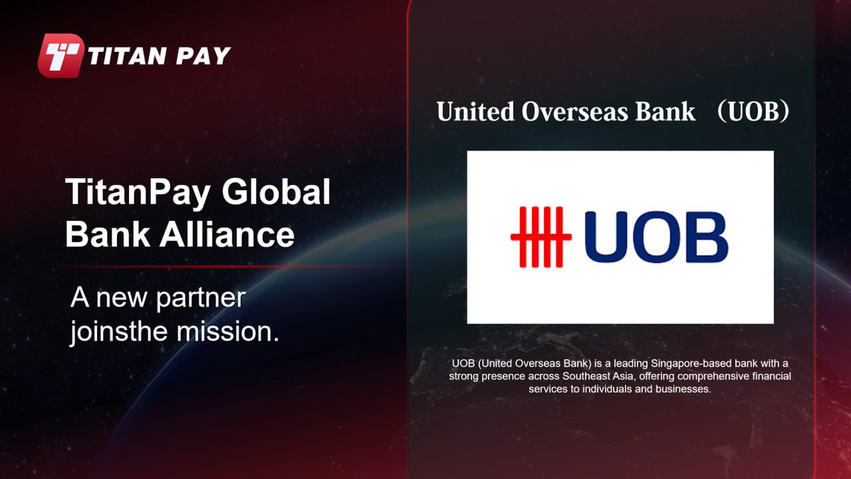 🌍 TitanPay Global Expansion in Full Swing! 💳✨
We're partnering with top banks worldwide to launch crypto payment cards 🌐💸

🔥 New Partner: United Overseas Bank (UOB)
🇸🇬A leading Singapore-based bank with strong presence across Southeast Asia 🏦

Together, we’re building a