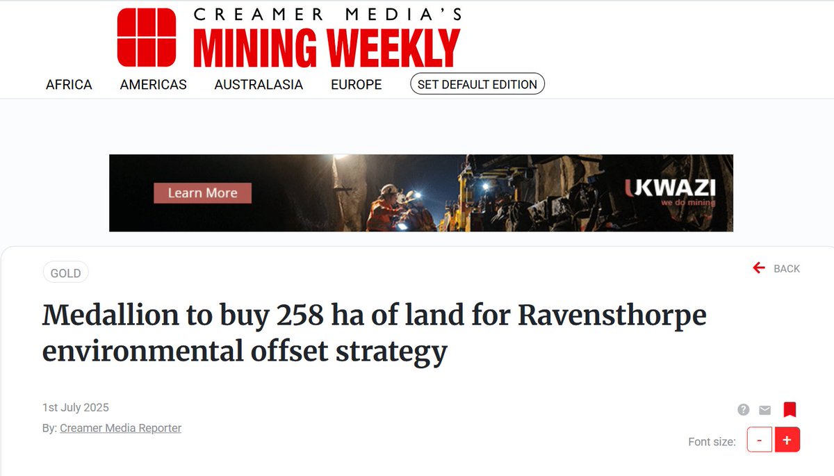 Medallion_Metals (@mm8_medallion) on Twitter photo A major step forward for permitting the RGP with land now secured to meet state and federal environmental offset requirements. Native vegetation will be restored in partnership with local stakeholders.
🗞️View <a href="/MiningWeekly/">Mining Weekly</a> article; loom.ly/kFwMjuo
#MM8 A major step forward for permitting the RGP with land now secured to meet state and federal environmental offset requirements. Native vegetation will be restored in partnership with local stakeholders.
🗞️View <a href="/MiningWeekly/">Mining Weekly</a> article; loom.ly/kFwMjuo
#MM8