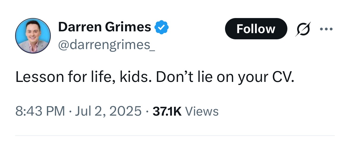 reformexposed's tweet photo. That’s funny @darrengrimes you dropped out of your BA Hons in Fashion but still display it on your LinkedIn like it’s a qualification. https://t.co/sGdqCCVchs