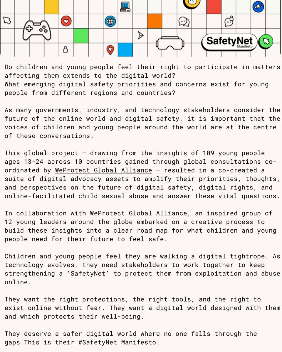 BreckFound's tweet image. As technology evolves, we need to work together to keep strengthening a ‘SafetyNet’. The SafetyNet Manifesto has been co-created by 12 young leaders around the world. 🔊Follow #SafetyNet on social media and help amplify the voices. @WeProtect buff.ly/iz6ht2n