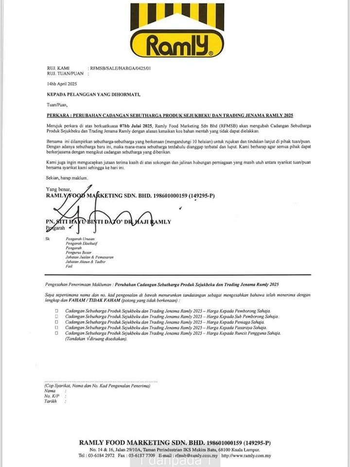 Prices for Ramly Burger and all Ramly products will reportedly increase starting next Monday.

The company attributed the hike to rising raw material costs, according to a notice shared by former BN strategic communication deputy director Eric See-To.