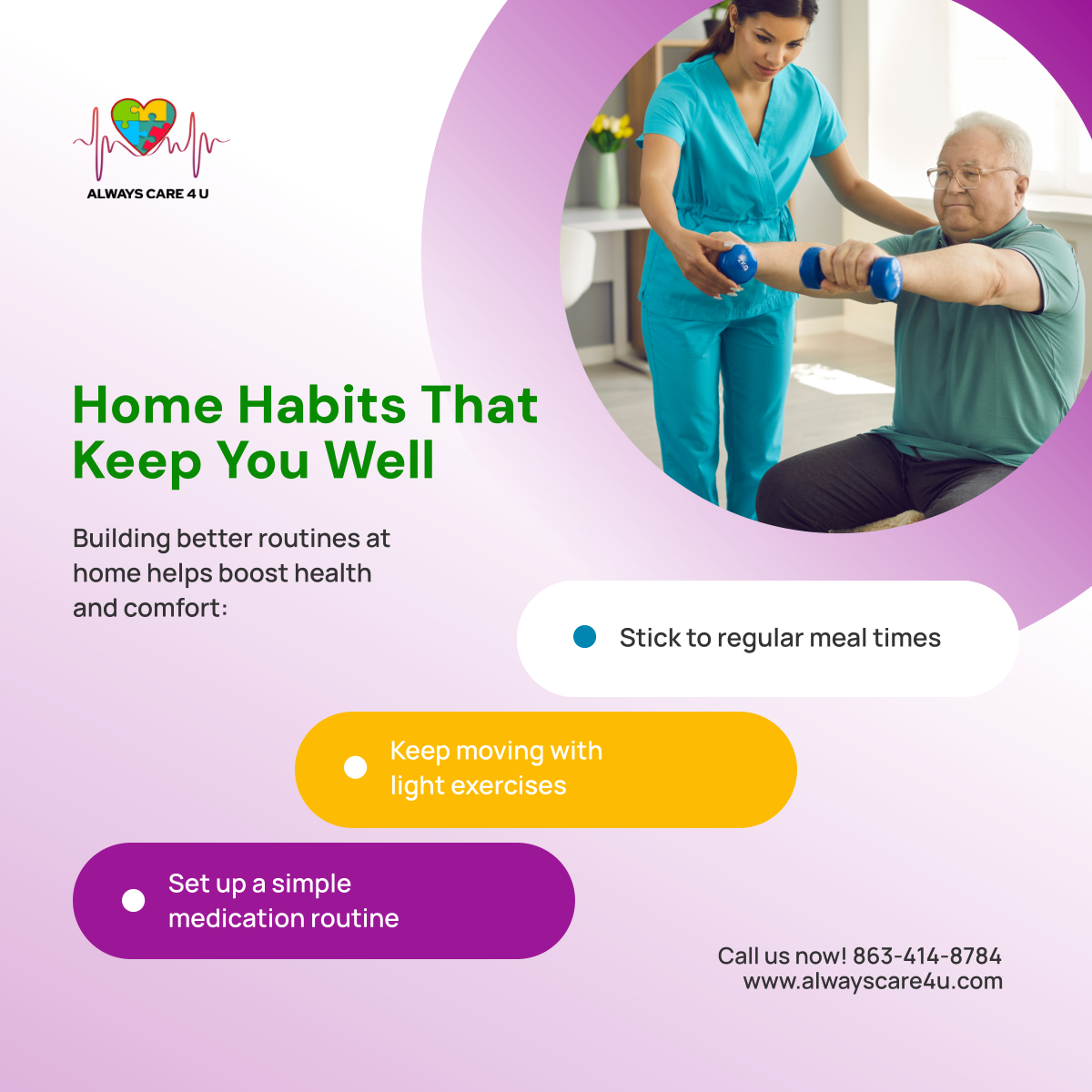 alwayscare4uhc's tweet photo. ���  Healthy habits start at home. From meals to movement, small routines  can lead to lasting improvements. We’re here to support your goals, one  step at a time.  

#OcalaFL #HomeCare #HealthyHabits #SeniorWellness #CareAtHome https://t.co/XhVBctVvzH