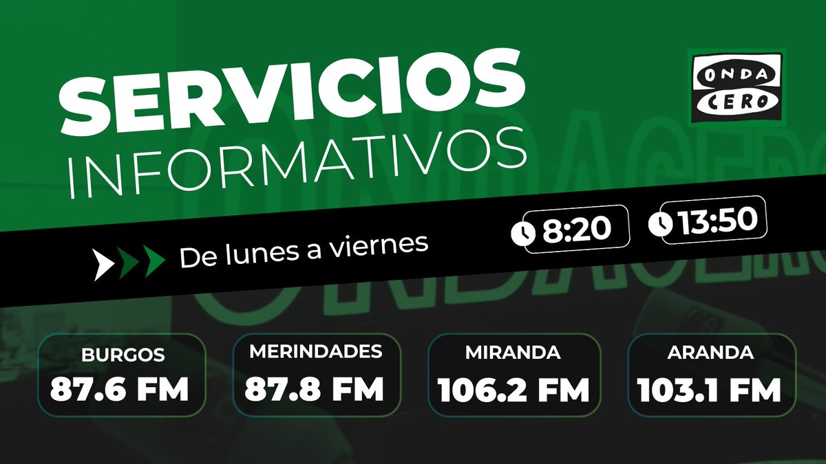 📰 ¡Mantente informado con Onda Cero!
📅 De lunes a viernes, no te pierdas los boletines informativos a las 8:20 y 13:50.

📻 Sintonízanos en:
🔹 Burgos: 87.6 FM
🔹 Merindades: 87.8 FM
🔹 Miranda: 106.2 FM
🔹 Aranda: 103.1 FM

🔴 Escucha el directo aquí: f.mtr.cool/gqcjyiffyf