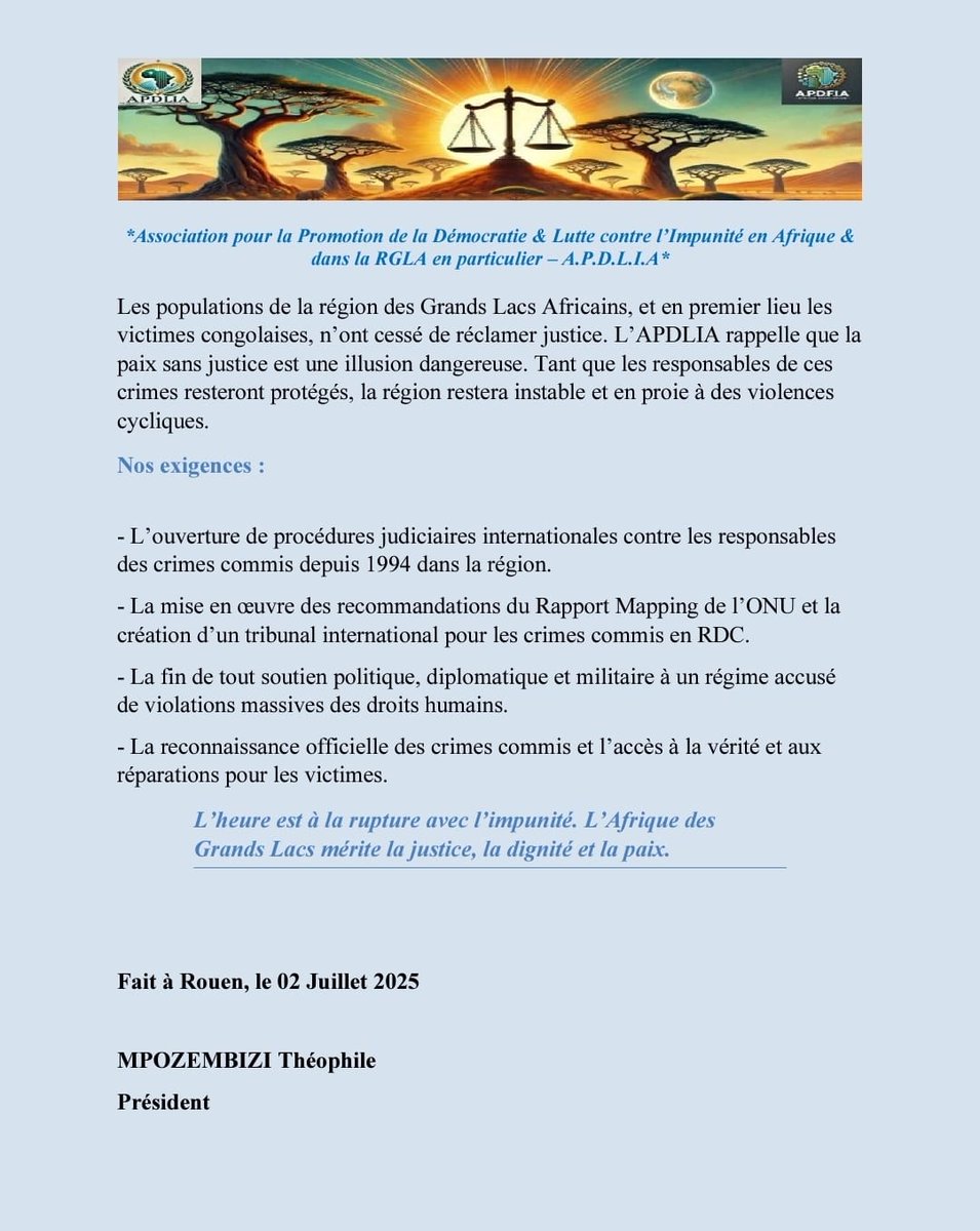 A.P.D.L.I.A Association (@apdliaa) on Twitter photo COMMUNIQUE DE PRESSE
30 ans d’#Impunité sous le régime #Kagame : L’#APDLIA appelle à des poursuites internationales pour crimes commis dans la région des Grands Lacs Africains.
acrobat.adobe.com/id/urn:aaid:sc…
<a href="/EU_Commission/">European Commission</a> <a href="/EUinRW/">EU Delegation to Rwanda</a> <a href="/CourPenaleInt/">CPI-Cour pénale int.</a> <a href="/SecRubio/">Secretary Marco Rubio</a> <a href="/hrw/">Human Rights Watch</a> <a href="/DenisMukwege/">Denis Mukwege</a> <a href="/jumuiya/">East African Community</a> COMMUNIQUE DE PRESSE
30 ans d’#Impunité sous le régime #Kagame : L’#APDLIA appelle à des poursuites internationales pour crimes commis dans la région des Grands Lacs Africains.
acrobat.adobe.com/id/urn:aaid:sc…
<a href="/EU_Commission/">European Commission</a> <a href="/EUinRW/">EU Delegation to Rwanda</a> <a href="/CourPenaleInt/">CPI-Cour pénale int.</a> <a href="/SecRubio/">Secretary Marco Rubio</a> <a href="/hrw/">Human Rights Watch</a> <a href="/DenisMukwege/">Denis Mukwege</a> <a href="/jumuiya/">East African Community</a>