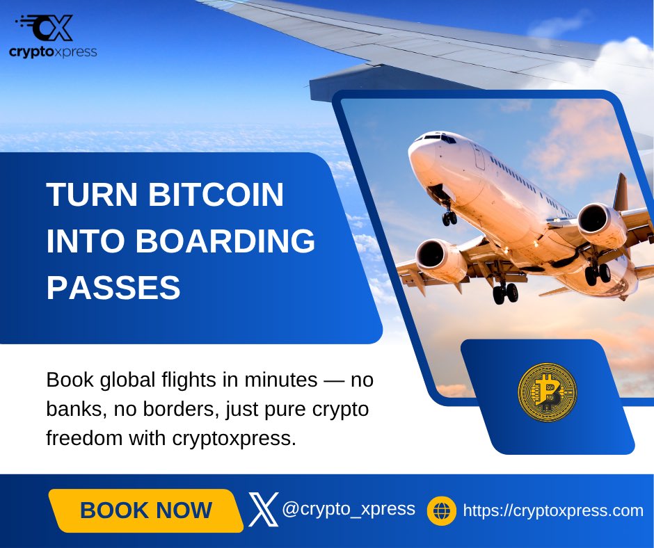dollacrypt345's tweet photo. Turn @Bitcoin into boarding passes.
No banks. No fees. Just fly.
Book with $BTC on @crypto_xpress.
#bitcoin #crypto #BookFlightsWithCrypto #TravelWithBitcoin #CryptoTravelApp
#PayWithCrypto #CryptoXpress #TravelSimplified #BitcoinUtility
#BookFlightsOnlineIndia #BitcoinInIndia https://t.co/erYKgoh8Et