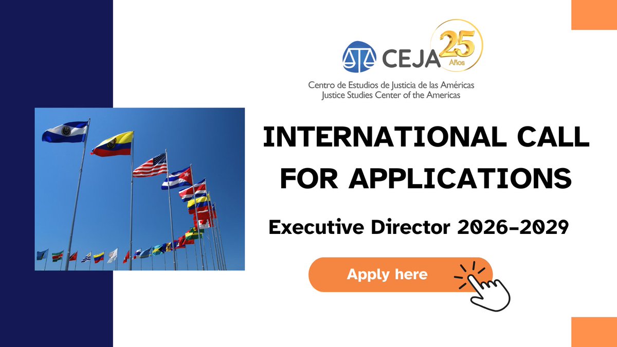 CEJAoficial's tweet image. 📣 CEJA announces an open call for its next Executive Director (2026–2029)
Join us as Executive Director (2026–2029) to lead regional justice reform in the Americas.
📍 Santiago, Chile - Deadline: July 21
🔗 cejamericas.org/en/2025/06/20/…
#CEJA #JusticeLeadership @OAS_official