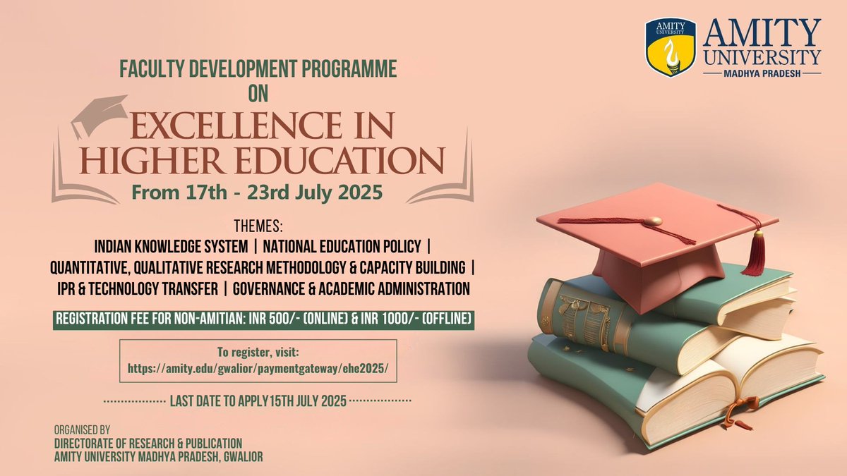 #AmityUniversityMadhyaPradesh is organising a Faculty Development Programme on Excellence in Higher Education. Step into a transformative learning experience designed for academicians, researchers, and education professionals.

Register now:   zurl.co/BM4J7